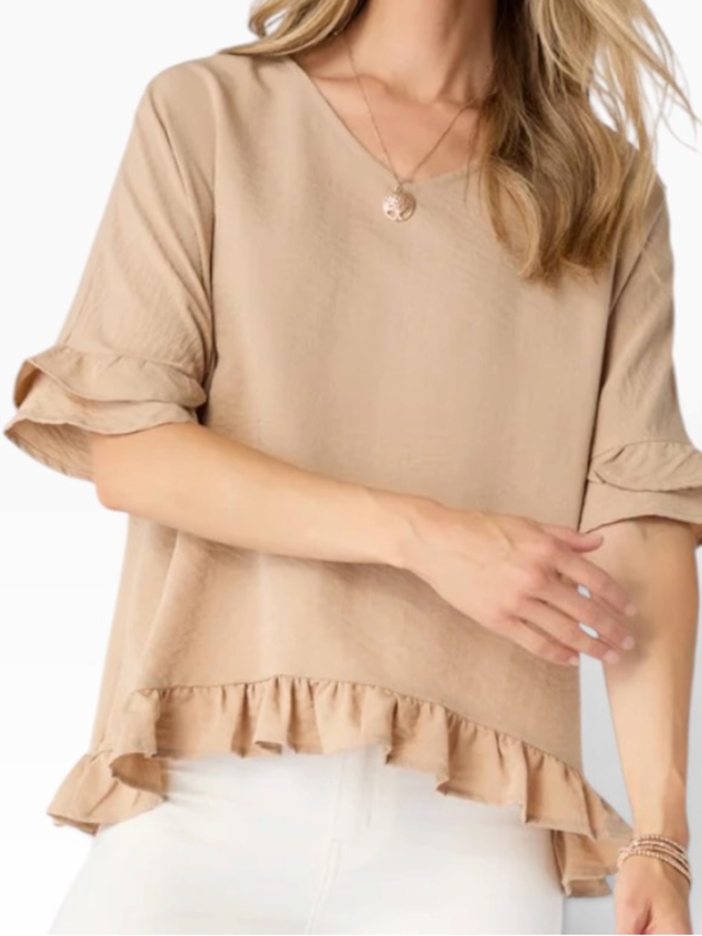Coco + Carmen Tan Flowy Ruffle Detail Hem Short Sleeve Hi-Lo Top XS